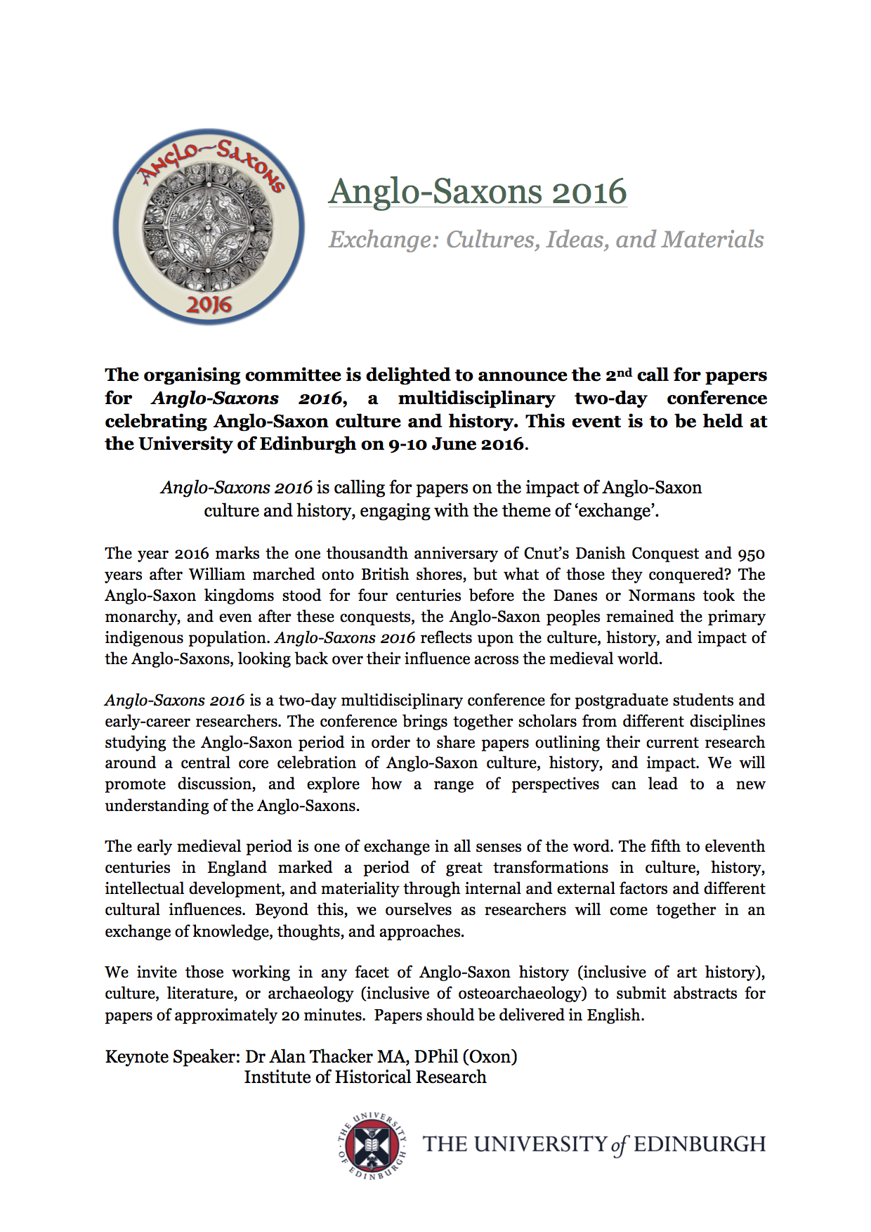 Anglo-Saxons 2016 2nd CfP