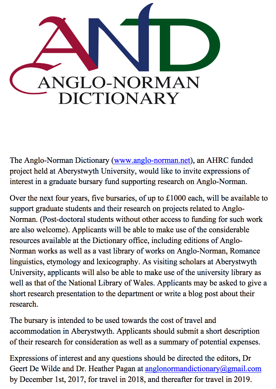 Anglo-Norman Dictionary Call For Bursary Applicants